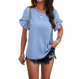 Dili Women's Clothing 2025 Spring And Summer Temperament Pure Color Wave Dot Round Short-Sleeved Top Lady