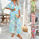 Dili 2025 Spring And Summer Leisure Bohemian Holiday Wind Bump Print Wide Leg Trousers Suit Woman