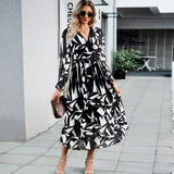 Dili Women's Clothing 2025 Autumn Holiday Leisure Print V Collar Long-Sleeved Dress