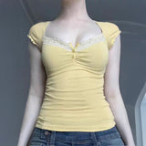Dili 2025 Spring/Summer Y2K Sexy Knitted Lace Short-Sleeved Top Women's T-Shirt