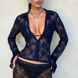 Dili 2025 Autumn And Winter Y2K Sexy Pocket Open Shirt Lace Jersey Women's Clothing