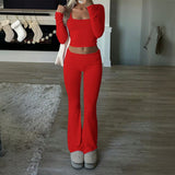 Dili 2025 Autumn And Winter Pure Color Casual Knitted Long-Sleeved Top Yoga Suit Two Pants Set
