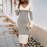 Dili Women's Clothing 2025 Autumn And Winter Repair Sexy Deep V Bump Color Striped Sweater Dress