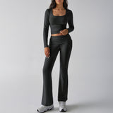 Dili 2025 Autumn And Winter Pure Color Casual Knitted Long-Sleeved Top Yoga Suit Two Pants Set