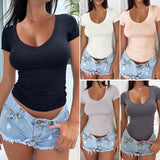 Dilu Y2K Women's Short-Sleeved 2025 Spring And Summer U-Neck Solid Color Long-Sleeved T-Shirt
