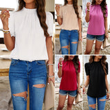 Dili Women's Clothing 2025 Spring And Summer Temperament Casual Pure Color Half-High Collar Short-Sleeved Lace Top