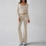 Dili 2025 Autumn And Winter Pure Color Casual Knitted Long-Sleeved Top Yoga Suit Two Pants Set