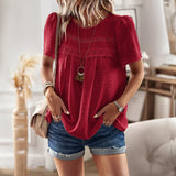 Independent Research And Development Design Round Collar Splicing Top 2025 Spring And Summer Loose Women's Shirt Pure Color