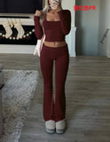 Dili 2025 Autumn And Winter Pure Color Casual Knitted Long-Sleeved Top Yoga Suit Two Pants Set