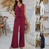 Dili 2025 Spring And Summer Women's Leisure Holiday Wind Solid Color Sleeveless Tie With Wide Legs Long Pants Set
