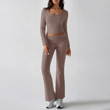 Dili 2025 Autumn And Winter Pure Color Casual Knitted Long-Sleeved Top Yoga Suit Two Pants Set