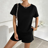 Dili Women's Clothing 2025 Summer Solid Color Knit Round Collar Top Shorts Casual Two-Piece Set