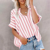 Dili 2025 Spring/Summer Leisure Commuter Print Striped Collider Short Sleeves R-Shirt Shirt Women's Clothing