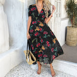 Dili 2025 Spring/Summer Bohemia Sexy Deep V Chiffon Printed Short-Sleeved Dresses Women's Dresses