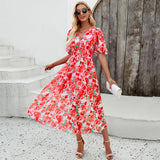 Dili Dress Women's Dress 2025 Spring And Summer Holiday Printing Waist V Neck Chiffon Short Sleeve Dress