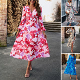 Dijun V-Neck Broken Floral Dress 2025 Summer Women's Holiday Casual Print Long Dress Woman