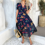 Dili 2025 Spring/Summer Bohemia Sexy Deep V Chiffon Printed Short-Sleeved Dresses Women's Dresses