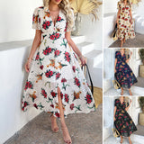 Dili 2025 Spring/Summer Bohemia Sexy Deep V Chiffon Printed Short-Sleeved Dresses Women's Dresses