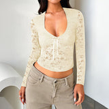 Dili 2025 Spring And Summer New Y2k Sexy Style Repair Hollow Long Sleeve Tie Lace Lace Top