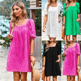 Dili Solid Color Square Dress Woman 2025 Summer Temperament Elegant Hollowed Out Skirt Skirt Short Sleeves