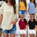 Dili Women's Clothing 2025 Spring And Summer Temperament Pure Color Wave Dot Round Short-Sleeved Top Lady