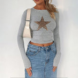 Dili 2025 Spring/Summer Women's Digital Print Star Y2K Sexy Lavel Long Sleeve T-Shirt