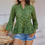 Dili 2025 Spring And Summer Top Women's Casual Holiday Style Solid Color Hollow V-Neck Seven-Sleeve Shirt
