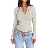 Dili Women's T-Shirt 2025 Spring And Summer Y2K Casual Zipper V Collar Long-Sleeved Top