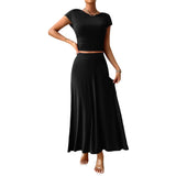 Dili 2025 Spring And Summer Short-Sleeved Women's Temperament Solid Color Short-Sleeved Skirt Set