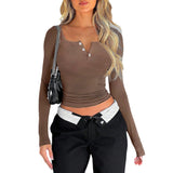 Dili Women's Top 2025 Spring And Summer Y2K Casual Solid Color Repair V-Neck Long-Sleeved T-Shirt