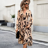Dili Women's Clothing 2025 Autumn Holiday Leisure Print V Collar Long-Sleeved Dress