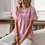 Independent Research And Development Design Round Collar Splicing Top 2025 Spring And Summer Loose Women's Shirt Pure Color
