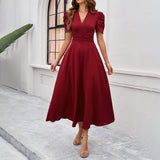Dili 2025 Spring And Summer Temperament Elegant Solid Color High-Waisted Vneck Solid Color Short-Sleeved Dress Dress Women's Dress