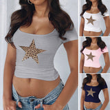 Dili 2025 Spring And Summer Blouse Y2K Sexy Body Repair U Collar Umbilical Waist Print Five-Pointed Star Short-Sleeved T-Shirt