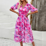 Dili Dress Women's Dress 2025 Spring And Summer Holiday Printing Waist V Neck Chiffon Short Sleeve Dress