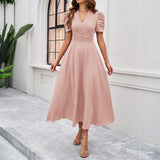 Dili 2025 Spring And Summer Temperament Elegant Solid Color High-Waisted Vneck Solid Color Short-Sleeved Dress Dress Women's Dress