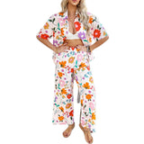 Dili 2025 Spring And Summer Leisure Holiday Wind Bohemian Geometric Cardigan Short Sleeve Broad Leg Pants Set
