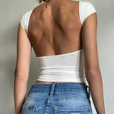 Dili 2025 Spring/Summer Y2K Sexy Babes Hollow Bare Back Solid Color Top Short-Sleeved Women's T-Shirt