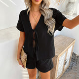 Dili 2025 Spring And Summer Leisure Solid Color Holiday Style Short Sleeves With Shorts Suit Women's Clothing