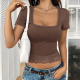 Dili 2025 Spring/Summer Blouse Women's Y2K Sexy Solid Color U-Neck Lace Spliced Bm Short-Sleeved T-Shirt