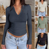 Dili Women's T-Shirt 2025 Spring And Summer Y2K Casual Zipper V Collar Long-Sleeved Top