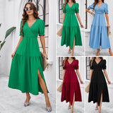 Dili 2025 Spring And Summer Women's Dress Your Temperament Solid Color V Collar Short Sleeves Long Dress