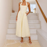 Dili 2025 Spring And Summer Leisure Resort Wind Solid Color High-Waistless Sleeveless Hanging Neck Dress Women's Dress
