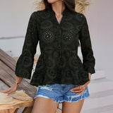 Dili 2025 Spring And Summer Top Women's Casual Holiday Style Solid Color Hollow V-Neck Seven-Sleeve Shirt