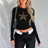 Dili 2025 Spring/Summer Women's Digital Print Star Y2K Sexy Lavel Long Sleeve T-Shirt