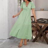 Dili 2025 Spring/Summer Leisure Commuting Holiday Wind V. Collar High-Waist Short-Sleeved Open-Fork Dress Woman