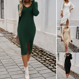 Dili 2025 Autumn And Winter Women's Sexy Body Repair V-Neck Open Fork Sweater Dress