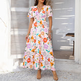 Dili 2025 Spring/Summer Leisure Bomichian Holiday Wind Print Clammed V Collegiant High Waist Short Sleeve Dress
