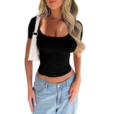 Dili 2025 Spring/Summer Y2K Solid Color U-Neck Sexy Body-Cuffed Short-Sleeved Women's T-Shirt
